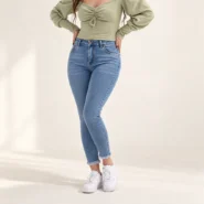 شلوار جین اسکینی جذب پایین ریش به رنگ آبی