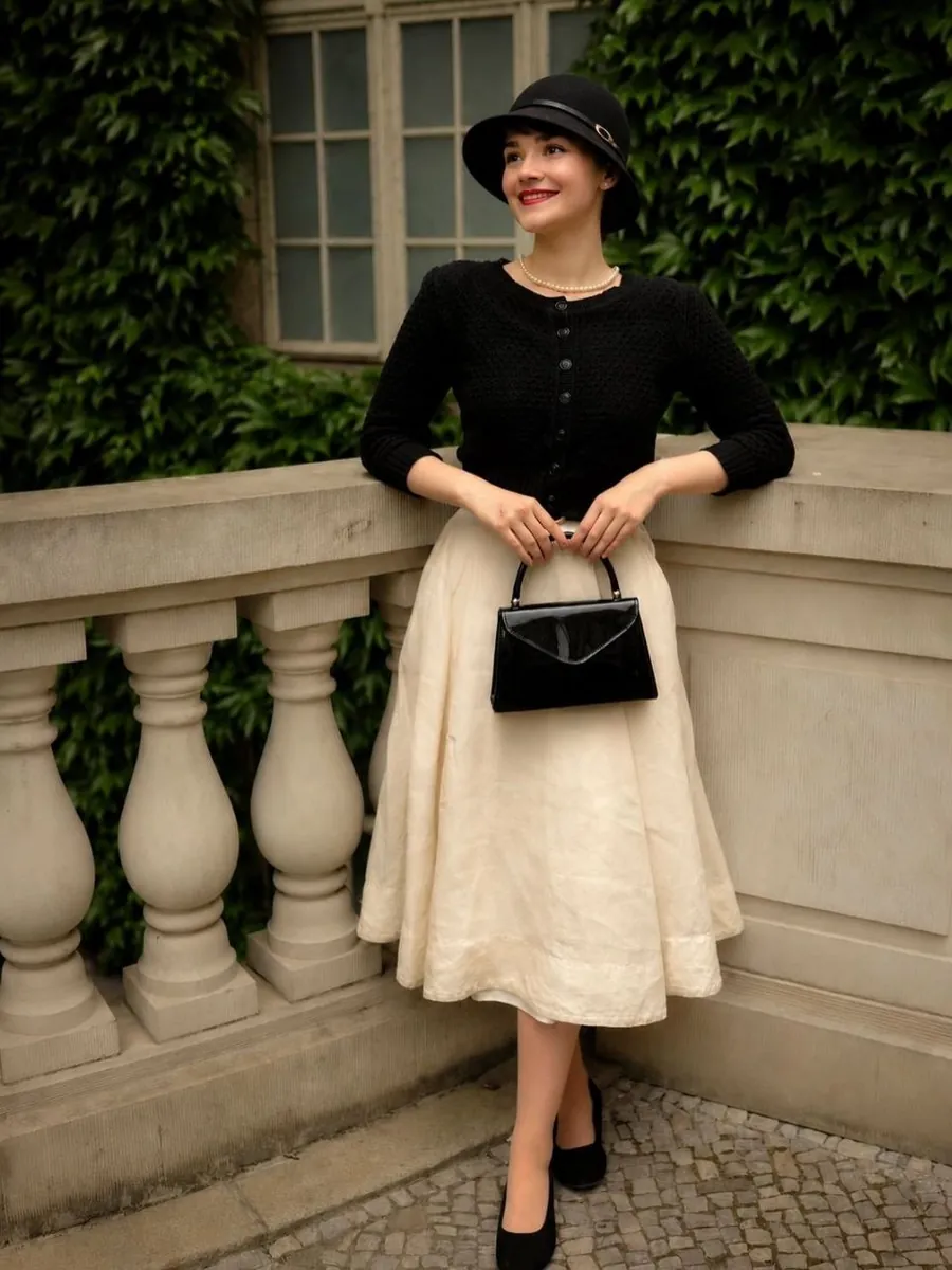 استایل کلاه شهرزادی مشکی با لباس روشن کلاه نمدی مشکی با بند چرمی در استایل روشن